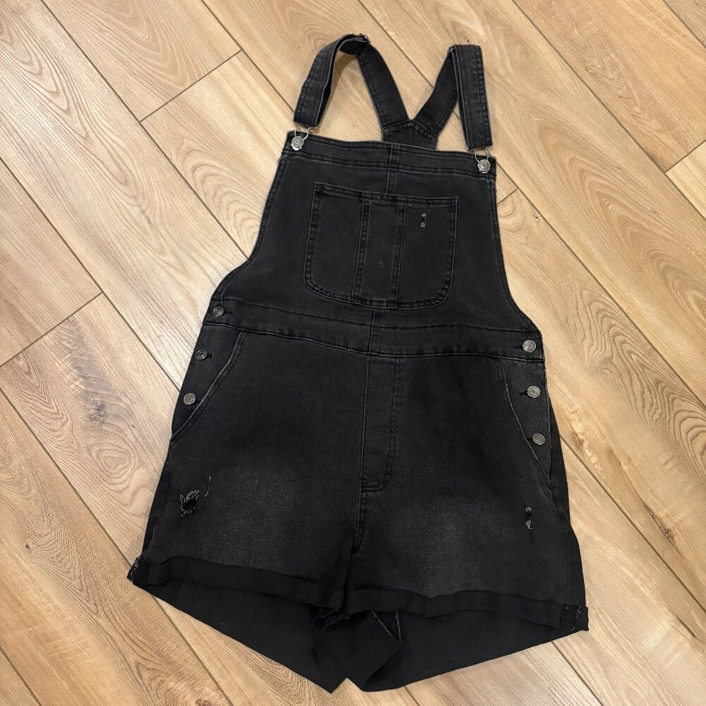 Black Denim Overall Shorts